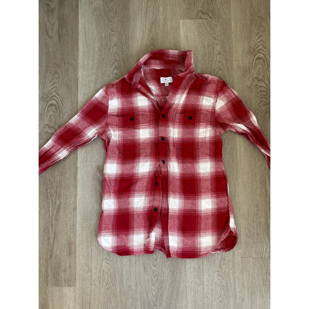 True Craft Mens(S) Red White Buffalo Plaid Flannel Button Down Shirt Long Sleeve